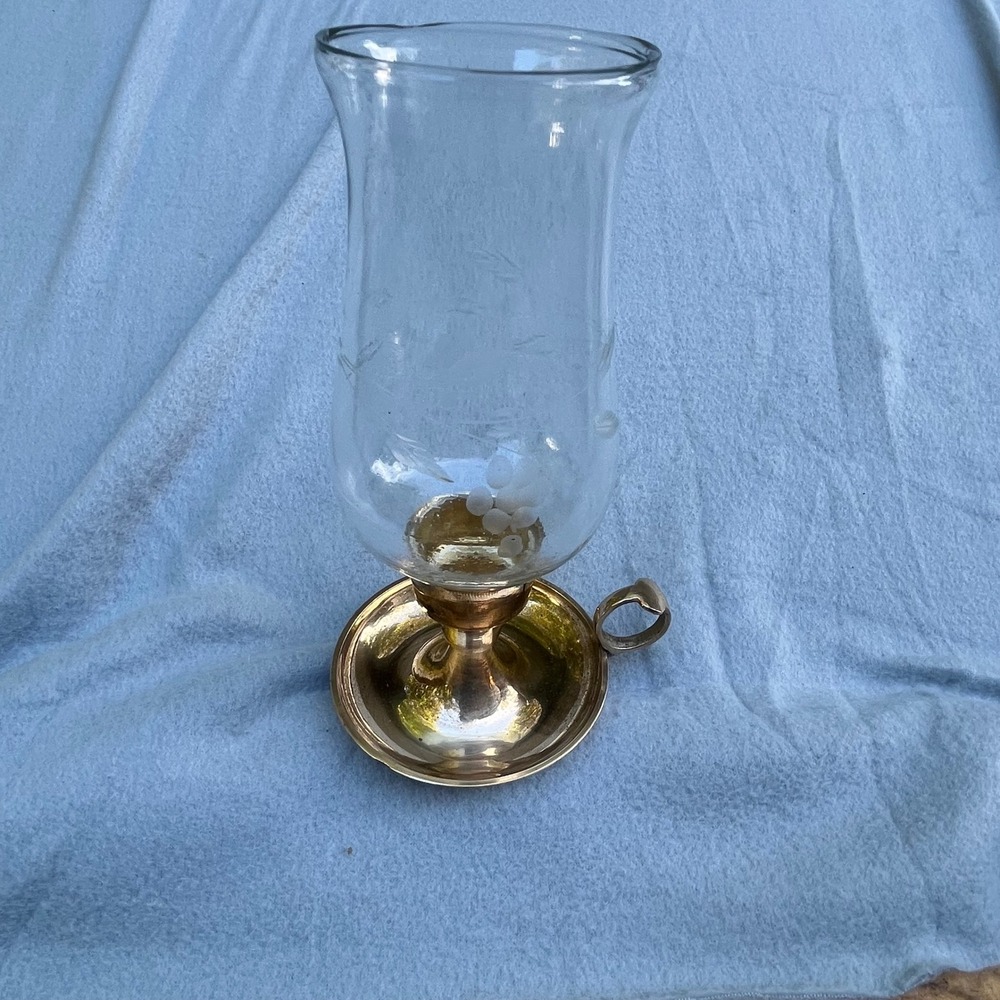 Vintage Brass Hurricane Candle Holder Etched Glass Chimney Floral Wheat 8 Inch